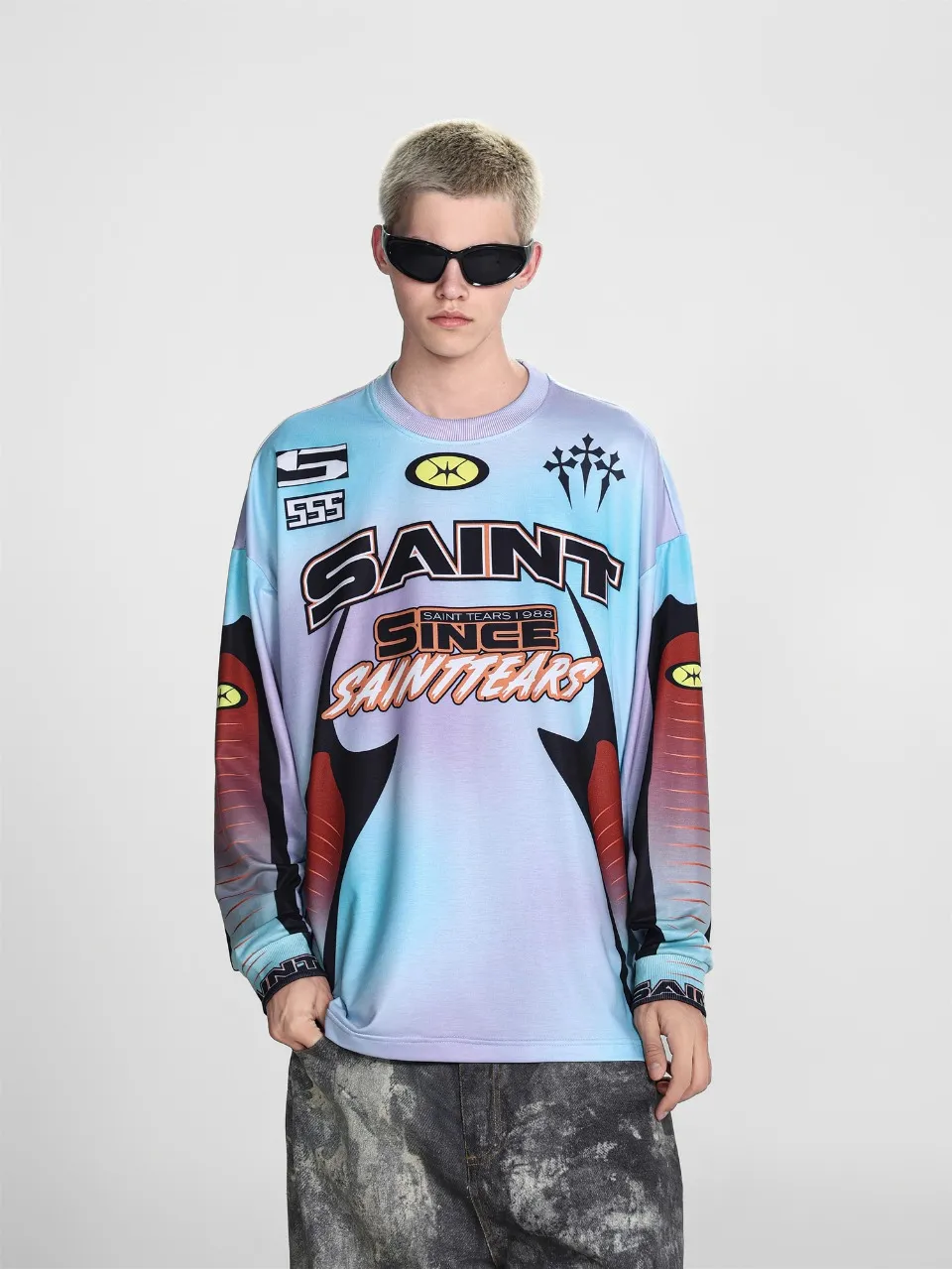 Saint michael tears all-over printed long-sleeved vintage autumn and winter T-shirt Style number: 117 Size: M L XL Wholesale price: 136 Color: blue yellow